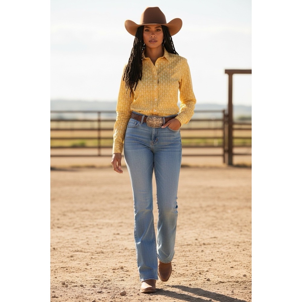 ARIAT Size XL Kirby Stretch Mustard Geo Print Western Style Button-Up Shirt